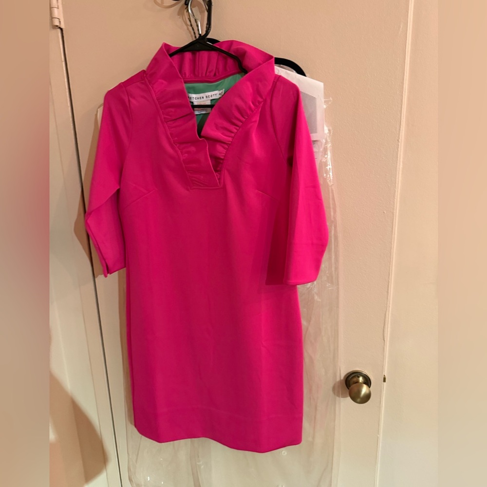 Vibrant Pink Dress with Ruffled Collar